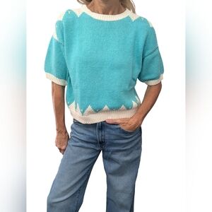 Vintage 80s Patsy’s Place Blue White Knit Short Sleeve Sweater L